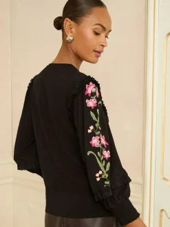 Love & Roses Black Embroidered Detail Jersey Top^Women Blouses & Shirts