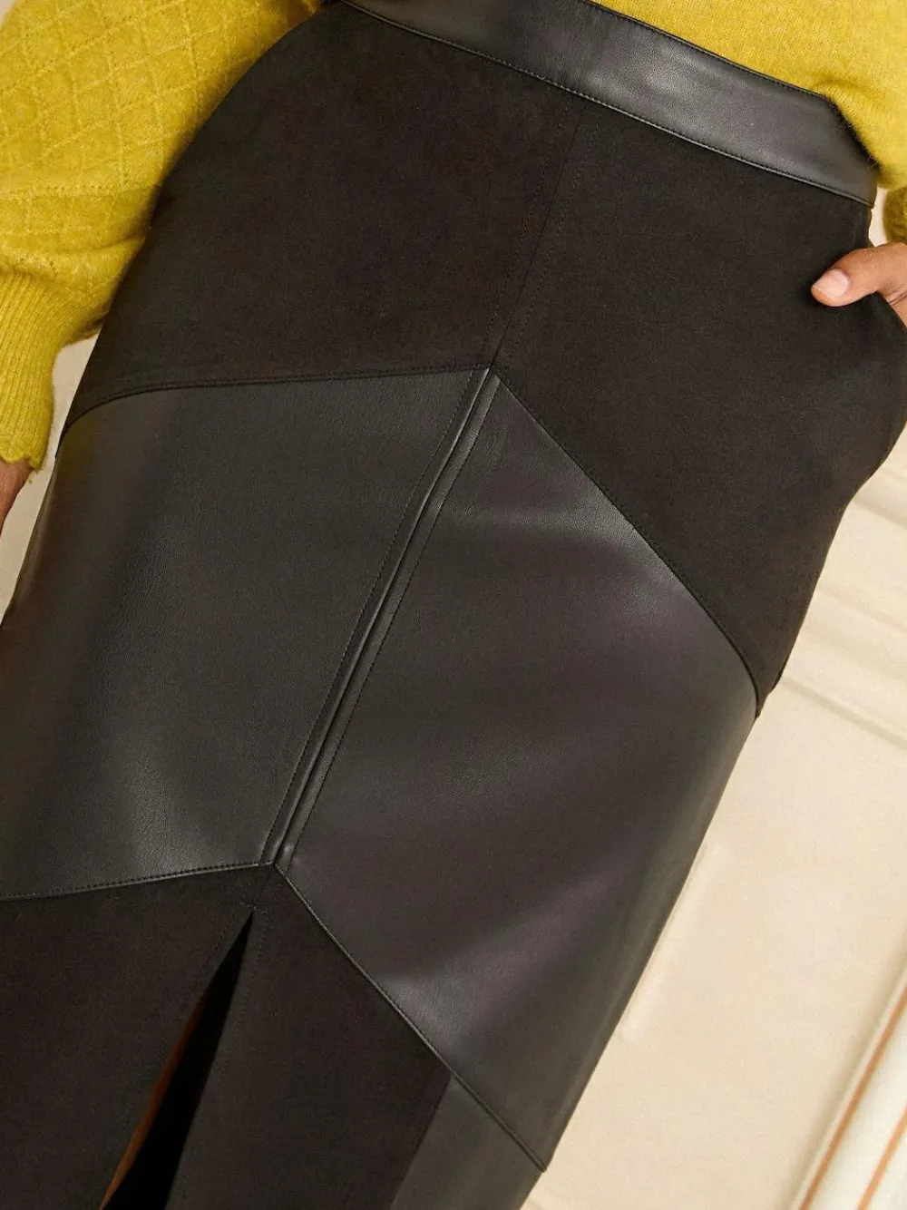 Love & Roses Black Faux Suede and Faux Leather Mix Midi Skirt