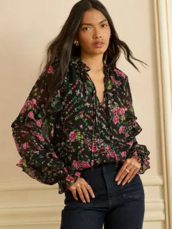 Love & Roses Black Floral Notch Neck Frill Cuff Blouse^Women Blouses & Shirts