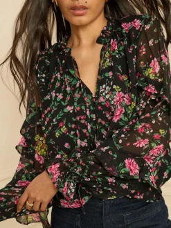 Love & Roses Black Floral Notch Neck Frill Cuff Blouse^Women Blouses & Shirts