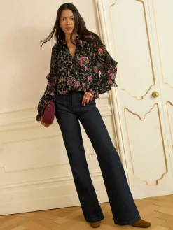 Love & Roses Black Floral Notch Neck Frill Cuff Blouse^Women Blouses & Shirts