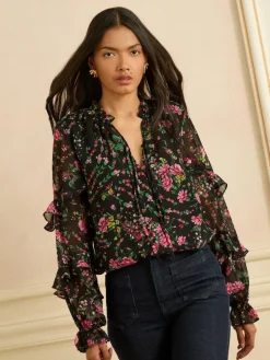 Love & Roses Black Floral Notch Neck Frill Cuff Blouse^Women Blouses & Shirts