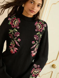Love & Roses Black Floral Embroidery Cosy Jumper Dress^Women Dresses