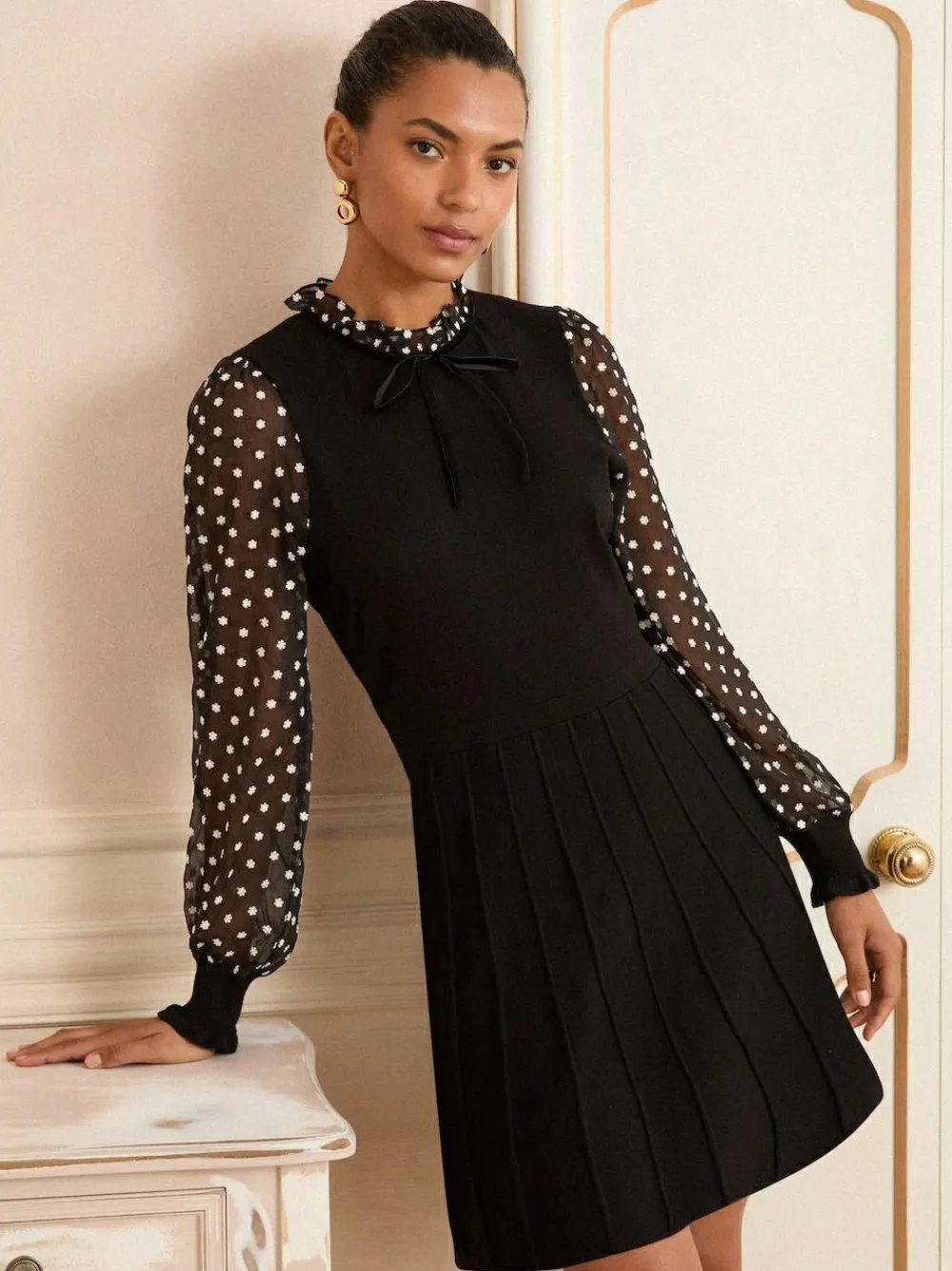 Clearance Love & Roses Black Floral Spot Frill Neck Petite Chiffon Sleeve Knitted Mini Dress