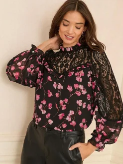 Love & Roses Crew Neck Lace Yoke Long Sleeve Blouse^Women Tops & T-Shirts|Blouses & Shirts
