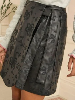 Hot Love & Roses Faux Leather Wrap Mini Skirt Black Floral Embroidered