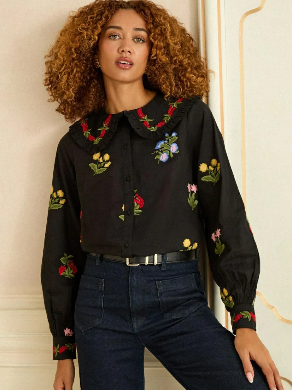 Love & Roses Black Floral Embroidered Collar Blouse^Women Tops & T-Shirts|Blouses & Shirts