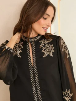 Love & Roses Black Gold Embroidery Long Sleeve High Neck Blouse^Women Tops & T-Shirts|Blouses & Shirts