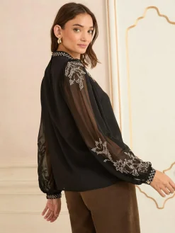 Love & Roses Black Gold Embroidery Long Sleeve High Neck Blouse^Women Tops & T-Shirts|Blouses & Shirts