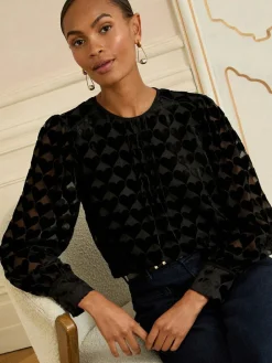 Clearance Love & Roses Crew Neck Long Sleeve Burnout Blouse Black Heart