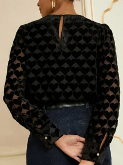 Clearance Love & Roses Crew Neck Long Sleeve Burnout Blouse Black Heart