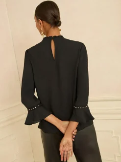 New Love & Roses Hardware Detail Flute Sleeve Blouse Black Heart