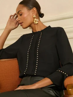 New Love & Roses Hardware Detail Flute Sleeve Blouse Black Heart