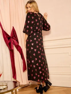 Love & Roses Black Heart Metallic V-Neck Puff Sleeve Midi Dress^Women Midi Dresses|Occasion Dresses