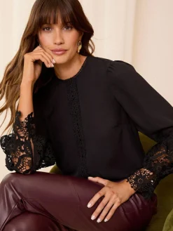 New Love & Roses Long Sleeve Lace Cuff Blouse Black