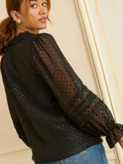 Best Love & Roses Black Long Sleeve Metallic Dobby Velvet Blouse