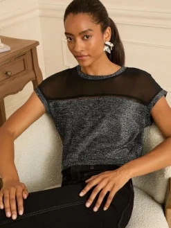 Love & Roses Black Metallic Satin Front V-Neck Short Sleeve Top