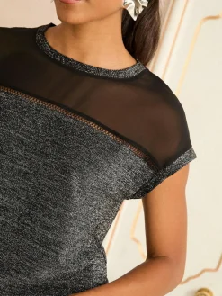 Love & Roses Black Metallic Satin Front V-Neck Short Sleeve Top