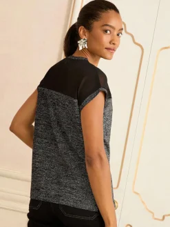 Love & Roses Black Metallic Satin Front V-Neck Short Sleeve Top