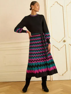 Love & Roses Black Multi Chevron Petite Scallop Knitted Midi Dress^Women Midi Dresses