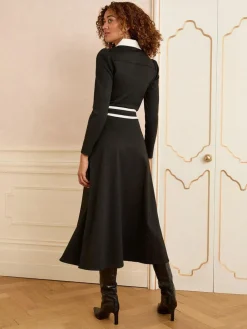 Love & Roses Ponte Contrast Trim Zip Front Long Sleeve Midi Dress Black