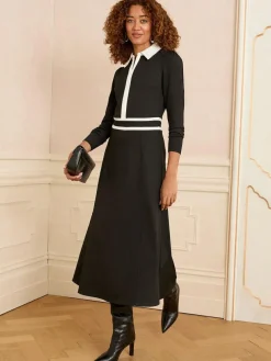 Love & Roses Ponte Contrast Trim Zip Front Long Sleeve Midi Dress Black