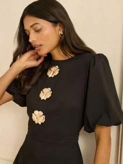 Love & Roses Black Puff Sleeve Gold Button Mini Dress^Women Occasion Dresses|Occasionwear