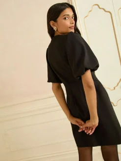 Love & Roses Black Puff Sleeve Gold Button Mini Dress^Women Occasion Dresses|Occasionwear