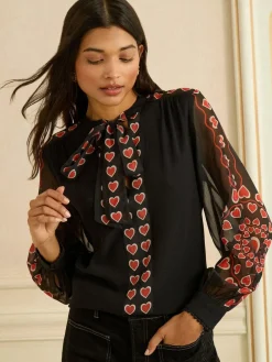 Love & Roses Black Red Heart Long Sleeve Pussybow Blouse^Women Blouses & Shirts