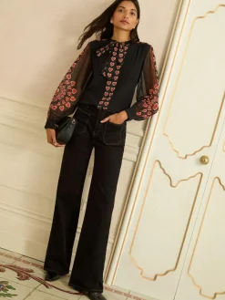 Love & Roses Black Red Heart Long Sleeve Pussybow Blouse^Women Blouses & Shirts