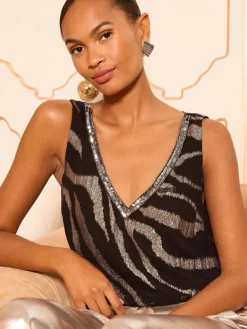 Love & Roses Black Silver Zebra V-Neck Vest^Women Occasionwear
