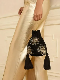 Best Love & Roses Velvet Sequin Embellished Pouch Bag Black