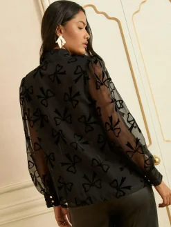 Love & Roses Black Velvet Bow Long Sleeve Pussybow Blouse^Women Blouses & Shirts
