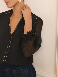 Discount Love & Roses V-Neck Hardware 3/4 Sleeve Blouse Black