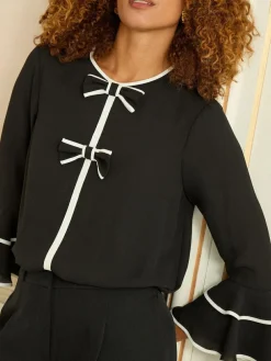 New Love & Roses Crew Neck Pleated Flute Sleeve Blouse Black White Bow