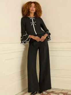 New Love & Roses Crew Neck Pleated Flute Sleeve Blouse Black White Bow