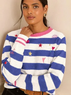 New Love & Roses Stripe Embroidered Jumper Blue and Ivory