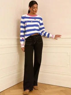 New Love & Roses Stripe Embroidered Jumper Blue and Ivory