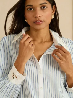 Love & Roses Blue White Stripe Lace Collar Button Through Long Sleeve Shirt^Women Blouses & Shirts