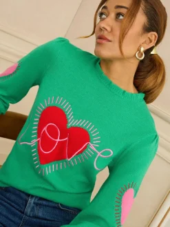 Love & Roses Bright Green Short Sleeve Heart Detail Knitted Jumper