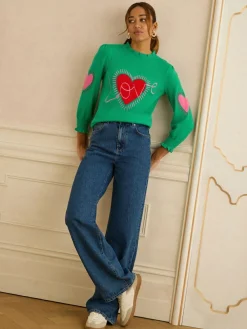 Love & Roses Bright Green Short Sleeve Heart Detail Knitted Jumper