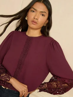 Clearance Love & Roses Long Sleeve Lace Cuff Blouse Burgundy Red