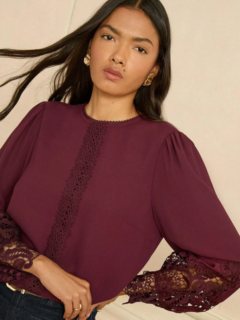 Clearance Love & Roses Long Sleeve Lace Cuff Blouse Burgundy Red