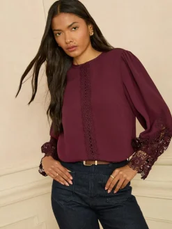 Clearance Love & Roses Long Sleeve Lace Cuff Blouse Burgundy Red