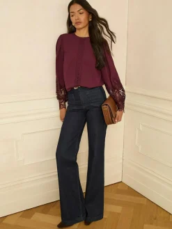 Clearance Love & Roses Long Sleeve Lace Cuff Blouse Burgundy Red