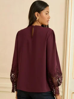 Clearance Love & Roses Long Sleeve Lace Cuff Blouse Burgundy Red
