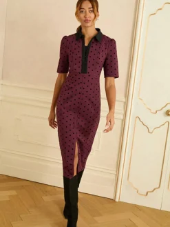 Love & Roses Burgundy Red Flocked Spot Short Sleeve Midi Dress^Women Midi Dresses