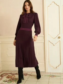 Sale Love & Roses Burgundy Tie Neck Knitted Midi Dress