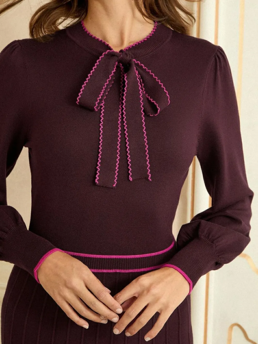 Sale Love & Roses Burgundy Tie Neck Knitted Midi Dress