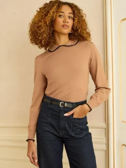 Hot Love & Roses Knitted Collar Jumper Camel Crochet Tipped